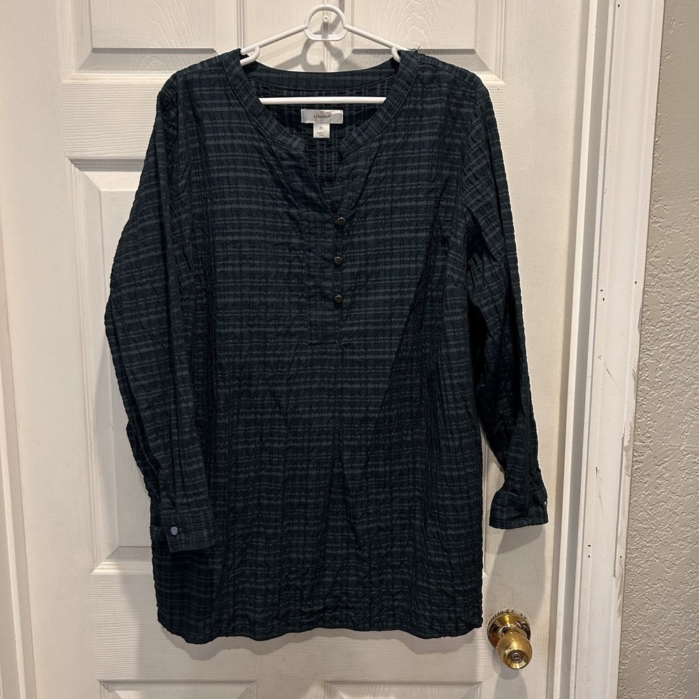 CJ Banks Womens 2X Henley Tunic Top Plaid Seersucker Crinkle Teal Navy Blue